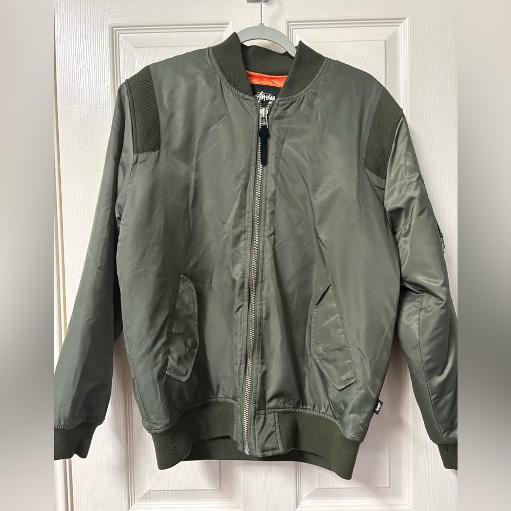 Stussy Flight Bomber Jacket Quilted Lined Orange Size S Streetwear Army Green
